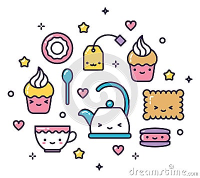 Kawaii tea party items pastel cute isolated Vector Illustration