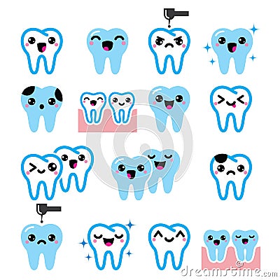 Kawaii Tooth , cute teeth characters - icons set Stock Photo