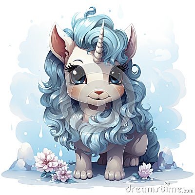 A Kawaii Unicorn Amidst Pastel Dreamscape. Stock Photo