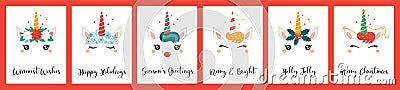 Kawaii unicorn faces Christmas cards set Vector Illustration