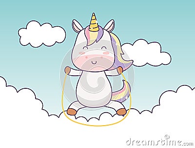 Kawaii unicorn playing in clouds sky cartoon character magical fantasy Vector Illustration