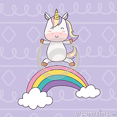 Kawaii unicorn playing with rope in rainbow cartoon character magical fantasy Vector Illustration