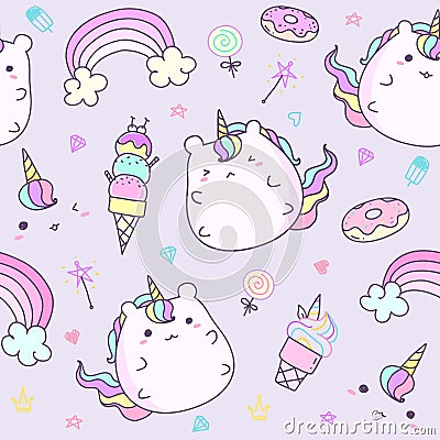 Kawaii unicorn sticker collection in pastel color. Cute doodle clip art for scrapbook. Unicorn cartoon sticker Stock Photo