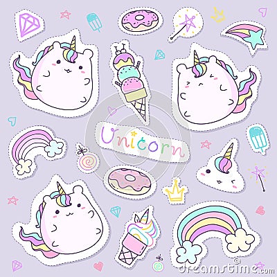 Kawaii unicorn sticker collection in pastel color. Cute doodle clip art for scrapbook. Stock Photo