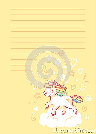 Kawaii unicorn is walking on a cloud with a yellow background for writing text, notes, list or message. Vector Vector Illustration