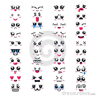 Kawaii vector cartoon emoticon character with different emotions and face expression collection illustration emotional Vector Illustration