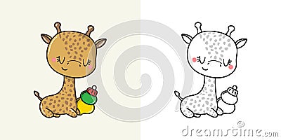 Kawaii Vector Christmas Giraffe Illustration and For Coloring Page. Funny Kawaii Xmas Zoo Animal. Vector Illustration