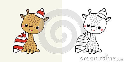Kawaii Vector Christmas Giraffe Illustration and For Coloring Page. Funny Kawaii Xmas Zoo Animal. Vector Illustration