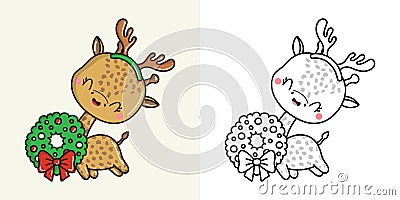 Kawaii Vector Xmas Giraffe Multicolored and Black and White. Beautiful Clip Art Christmas Zoo Animal Vector Illustration