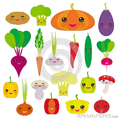 Kawaii vegetables bell peppers, pumpkin beets carrots, eggplant, red hot peppers, cauliflower, broccoli, potatoes, mushrooms Vector Illustration