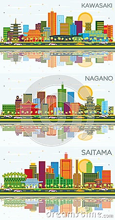 Kawasaki, Nagano and Saitama Japan City Skylines with Color Buildings, Blue Sky and Reflections Stock Photo