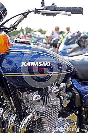 Kawasaki Z900 vintage motorcycle petrol tank and engine with refections. Editorial Stock Photo