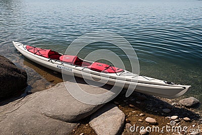 A kayak beached on the shore of a crystal clear lake Stock Photo