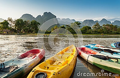 Kayak boats in Nam Song river Stock Photo