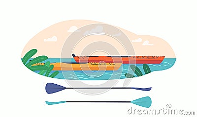 Kayak or Canoe Boats with Paddles for Rafting, Canoeing, Boating or Kayaking Sports and Extreme Rowing Activities Vector Illustration