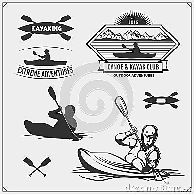 Kayak and canoe emblems, labels, badges and design elements. Print design for t-shirts. Vector Illustration