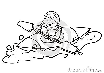 Kayak and girl, coloring book Vector Illustration