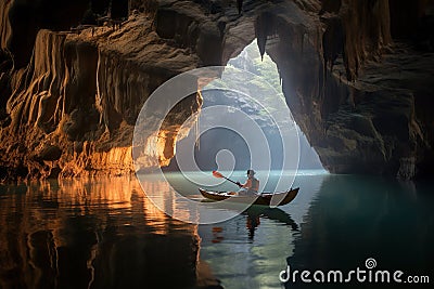 A kayak glides through a stunning cave, revealing a hidden underground lake of stunning beauty. Generative AI. Stock Photo