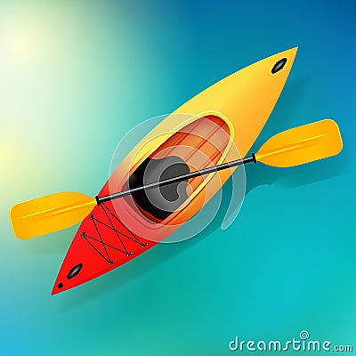 Kayak and paddle Vector on water illustration of Outdoor activities. Yellow red kayak, sea kayak Vector Illustration