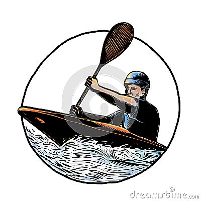 Kayak Paddler Canoe Scratchboard Cartoon Illustration