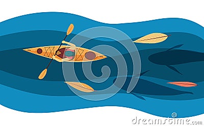 Kayak on the river with fishes top view Vector Illustration