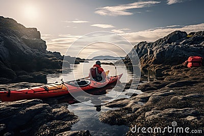 Kayak on the rocky shore of the sea in the early morning, Red kayak and man camping on coastal rocks, AI Generated Stock Photo