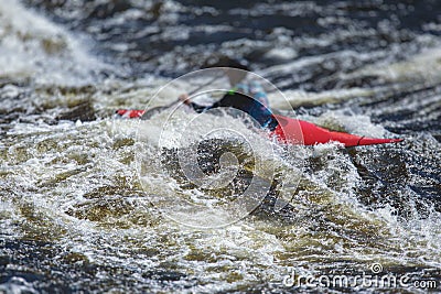 Kayak slalom canoe race in white water rapid river, process of kayaking competition with colorful canoe kayak boat paddling, Stock Photo