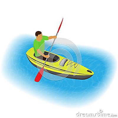 Kayaker character paddling on a kayak. Sports traveling man with paddle boating on canoe through river or sea. Vector Illustration