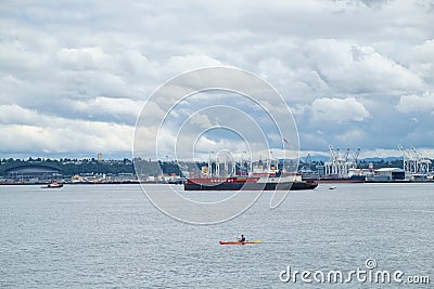 Kayaker on Elliot Bay, Seattle, WA Editorial Stock Photo