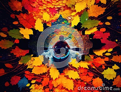 A kayaker paddling amidst a vibrant kaleidoscope of autumn leaves. AI generation Stock Photo