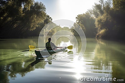 kayaker paddling through calm, serene waters on sunny day Stock Photo