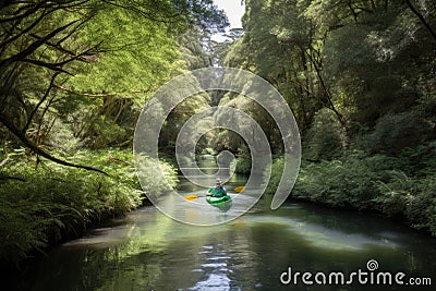 kayaker paddling down tranquil river, with lush greenery visible on the banks Stock Photo