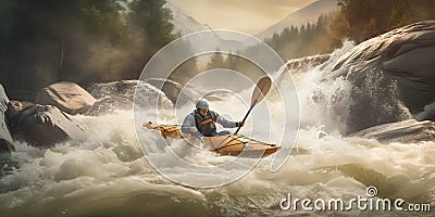 A kayaker paddling through rapids on a rushing river Hype created with generative AI Stock Photo