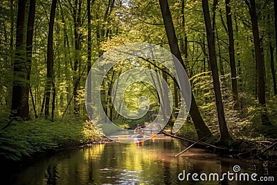 kayaker paddling through sunlit forest, with towering trees visible in the background Stock Photo