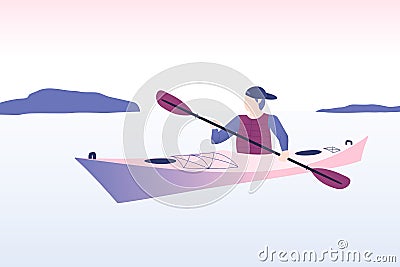 Kayaker swimming in the kayak. Kayak in the sea Vector Illustration