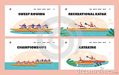 Kayaking Canoeing or Rafting Sport and Leisure Landing Page Template Set. Sportsmen Rowing in Kayaks, Extreme Activity Vector Illustration