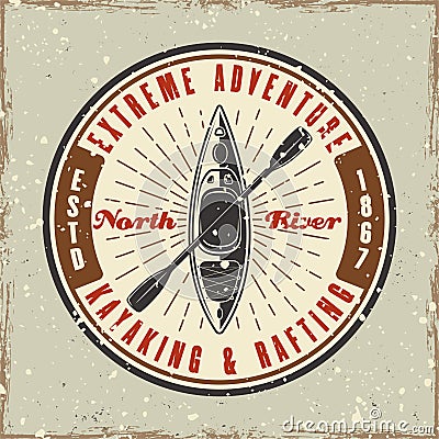 Kayaking club colored round emblem, badge, label or logo vector illustration in retro style with grunge textures and Vector Illustration