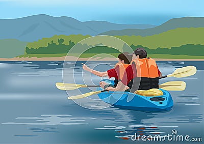 Kayaking in the lake Vector Illustration