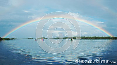 Kayaking in Polar Karelia with rainbow Stock Photo