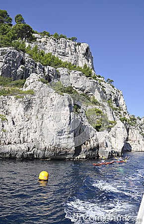 Cassis, 8th september: Canoe Kayaking on the Calanques National Park from the Bay area of Cassis on Cote D`Azur France Editorial Stock Photo