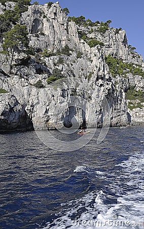 Cassis, 8th september: Canoe Kayaking on the Calanques National Park from the Bay area of Cassis on Cote D`Azur France Editorial Stock Photo