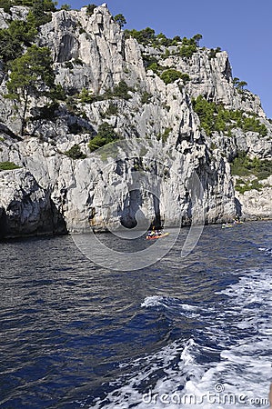 Cassis, 8th september: Canoe Kayaking on the Calanques National Park from the Bay area of Cassis on Cote D`Azur France Editorial Stock Photo