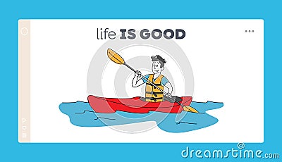 Kayaking Sport Leisure or Competition Landing Page Template. Sportsman Tourist Rowing in Kayak. Water Fun Vector Illustration