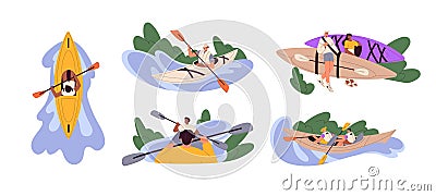 Kayaking sport set. People in boats rowing with paddle. Kayakers men and women on lake, river. Characters during extreme Vector Illustration