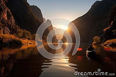 Kayaking in the valley between canyons at the sunset. Generative AI Stock Photo
