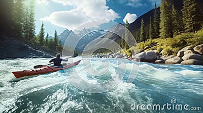 Kayaking in whitewater rapids of mountains river wide. Generative AI Stock Photo