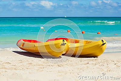 Kayaks at the beach of Varadero in Cuba Stock Photo