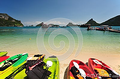 Kayaks on a beautiful beach Stock Photo