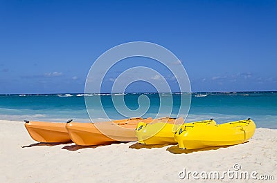 Kayaks on the beautiful sandy beach Stock Photo
