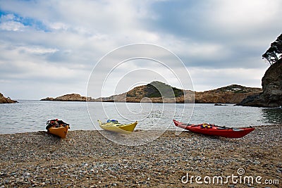 Kayaks in Sa Tuna beach in Begur, Spain Stock Photo